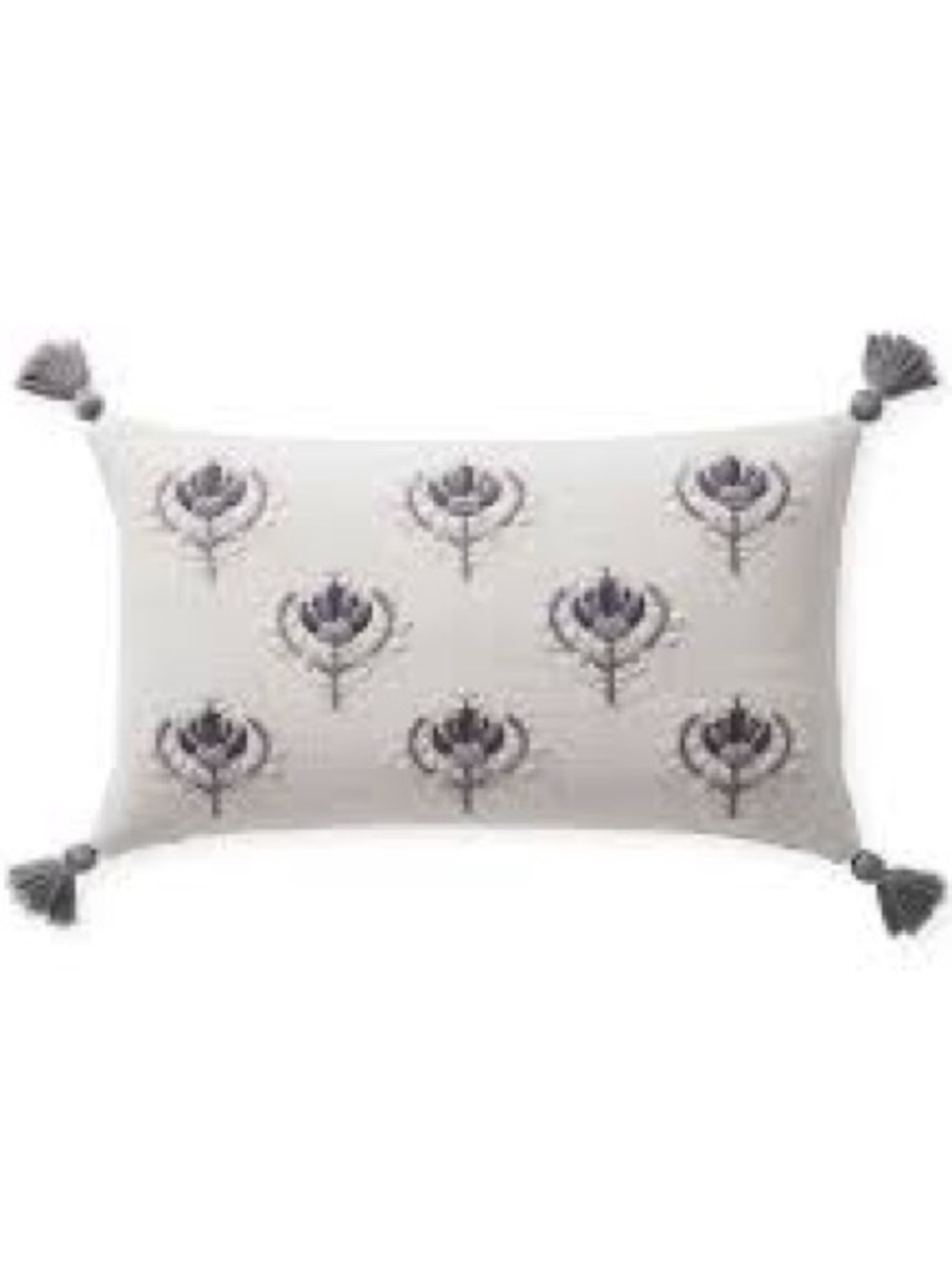 Serena & Lily Cream Lumbar Pillow Gray Floral Embroidery Tassels Size 12x21 Frog